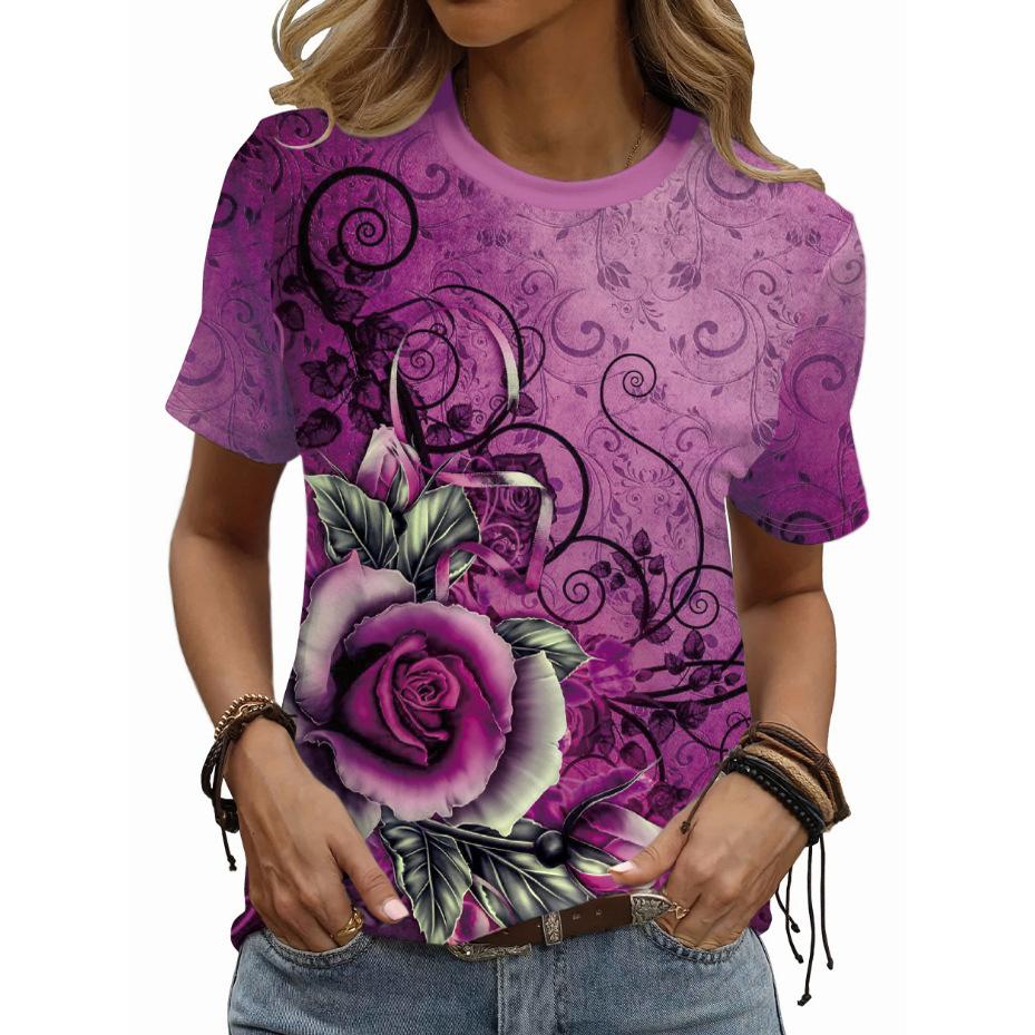 

Летний топ с круглым вырезом и принтом 3D-цветочного узора, модная повседневная женская футболка с коротким рукавом XS