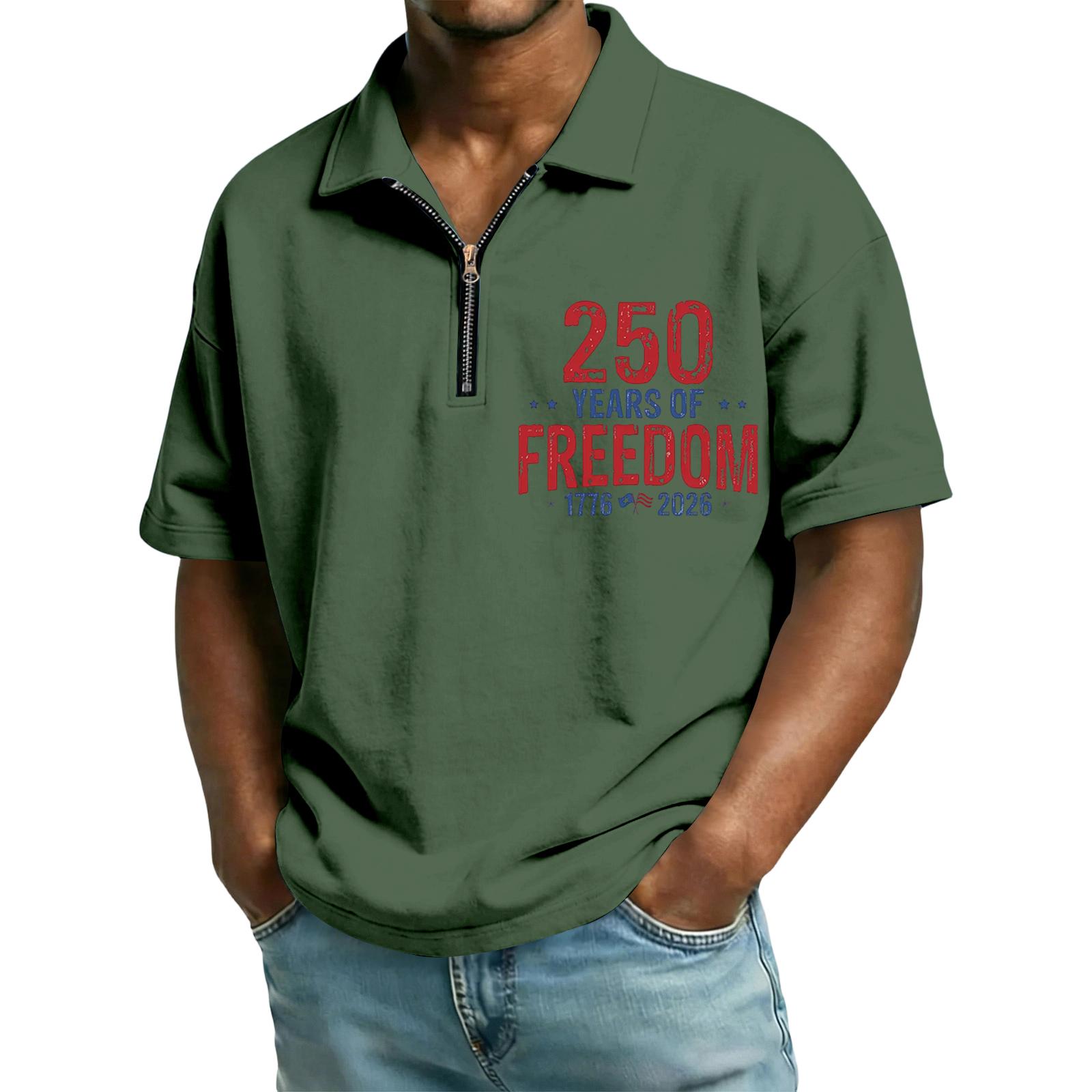

Men’s Short Sleeve Zip Collar T Shirt with 250 Years of 1776 2026 Print Casual Fit Top L