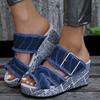 European & American Women's Wedge Heel One-Strap Buckle High-Heeled Sandals - Thick-Soled Fabric Beach Slippers.