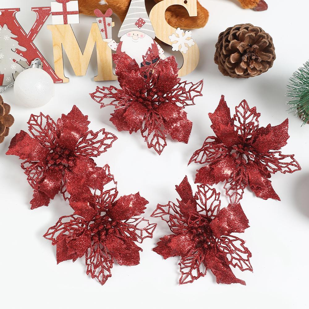 

10Pcs Christmas Decor Sparkling Artificial Flowers Flower Xmas Tree Hanging Ornaments New Year 2025 Home Wedding Gift Supplie 10Pcs красный