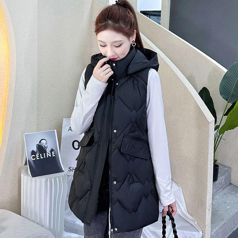 

Removable hat, down cotton vest, women s medium and long autumn and winter new vest, vest and vest jacket L 90-52.5 kg чёрный