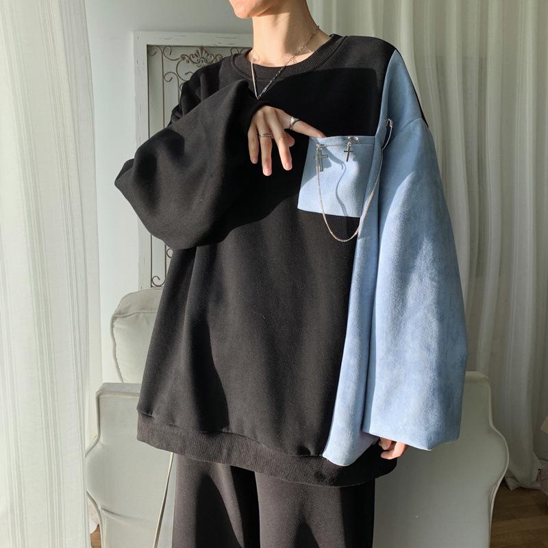 Men's Autumn Color Block Patchwork Sweatshirt – Loose Fit, Long Sleeves, Round Neck