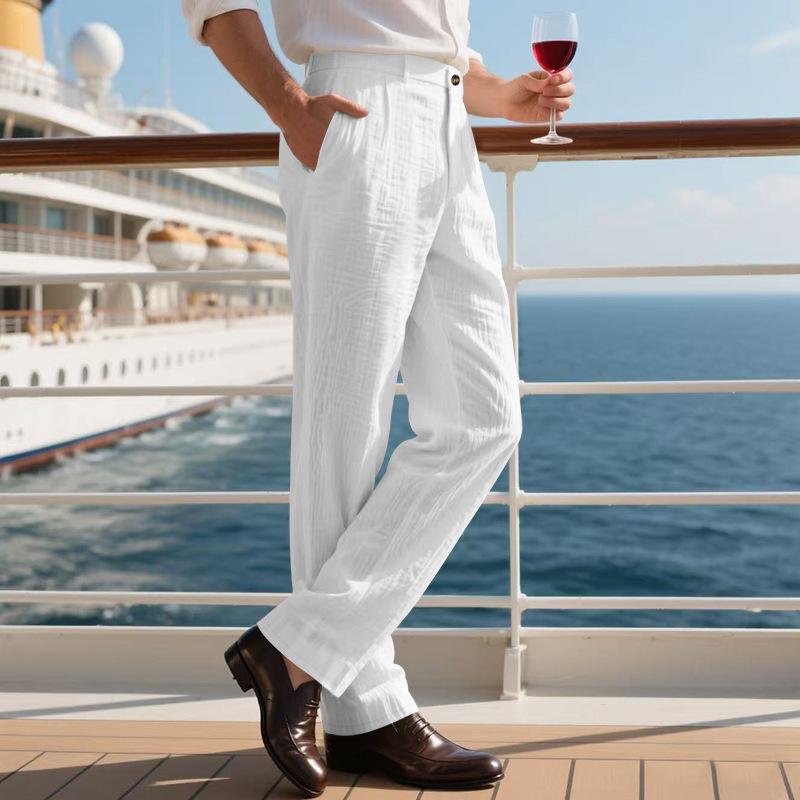 Pánské módní jednobarevné lněné pánské goulashové ležérní volné business kalhoty