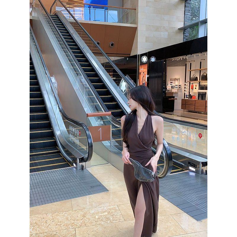 Kumikumi Pure Desire Style Sexy Waist Hugging Slimming Hanging Neck One piece Dress Women clothing Summer Niche Chic Split Long dress