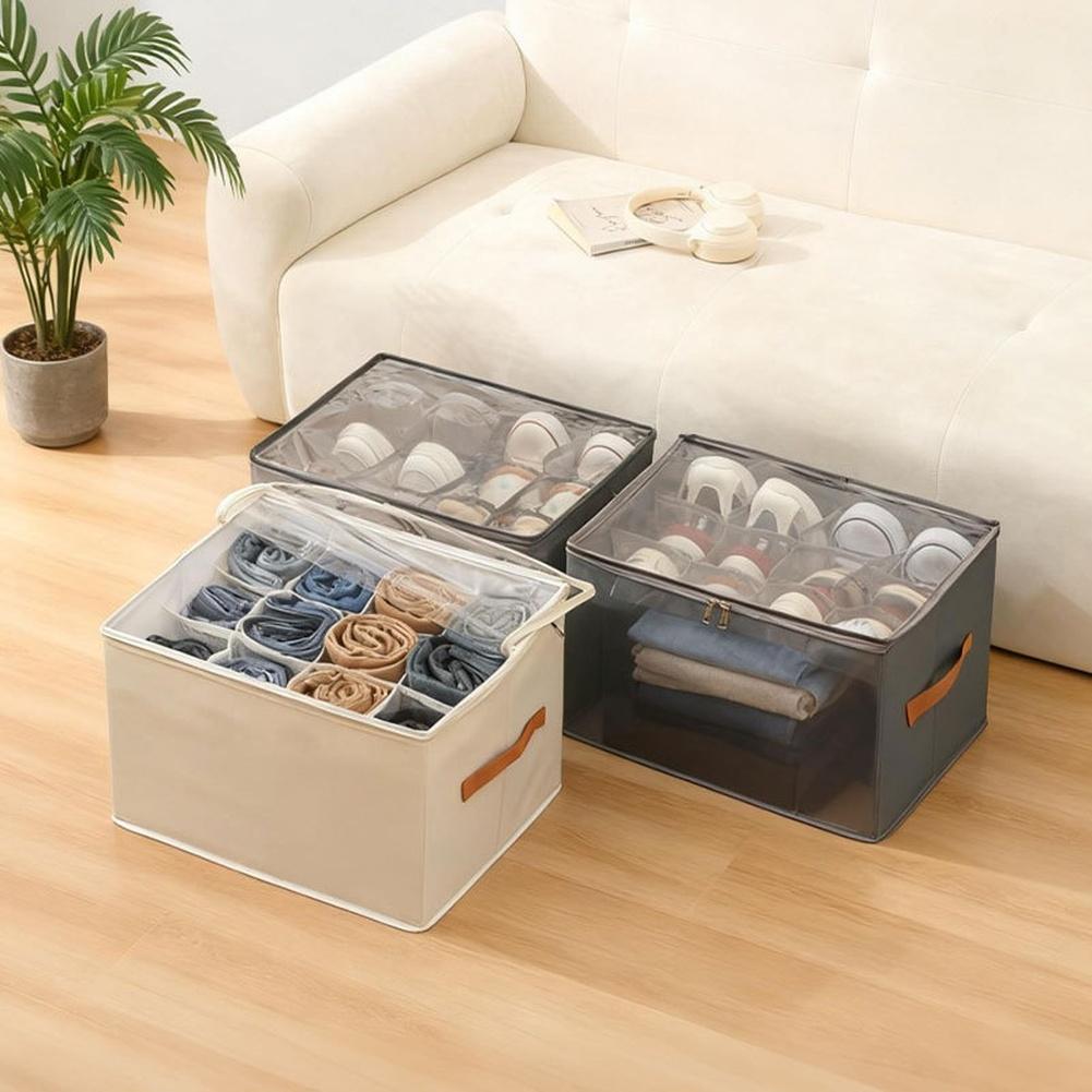 Storage Box with Lid for Footwear Foldable with 12 Grid Sections Clear Window for Easy Identification Made with Oxford Fabric