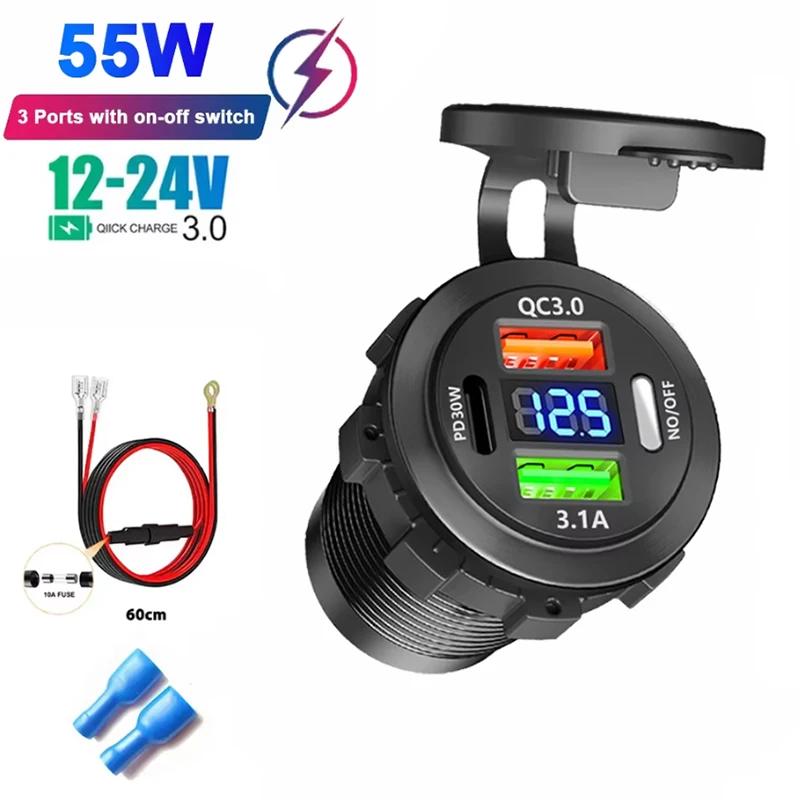 Car Charger Socket Type-C & Dual USB 3Ports Fast Charger Socket Waterproof with Voltmeter 12V/24V For Boat Motorcycle Adaptors