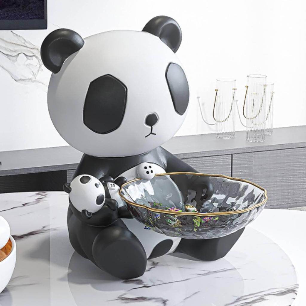 Panda Figurine with Storage Bowl Decorative Statue Cute Catchall Dish for Living