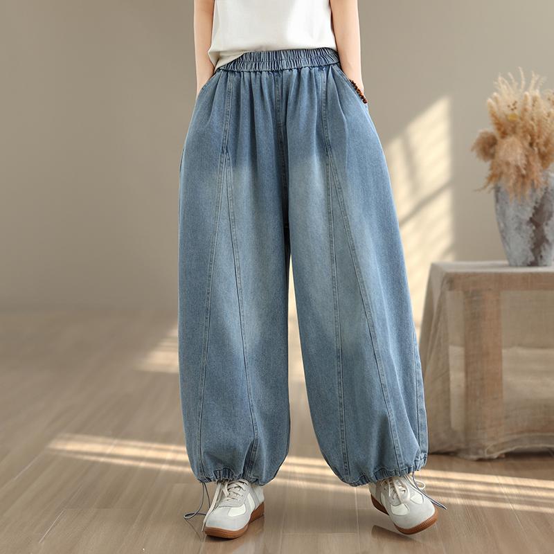 DIMANAF 2026 Summer New Plus Size Women Jeans Elastic Waist Long Pants Loose Casual Denim Cotton Trousers Vintaged