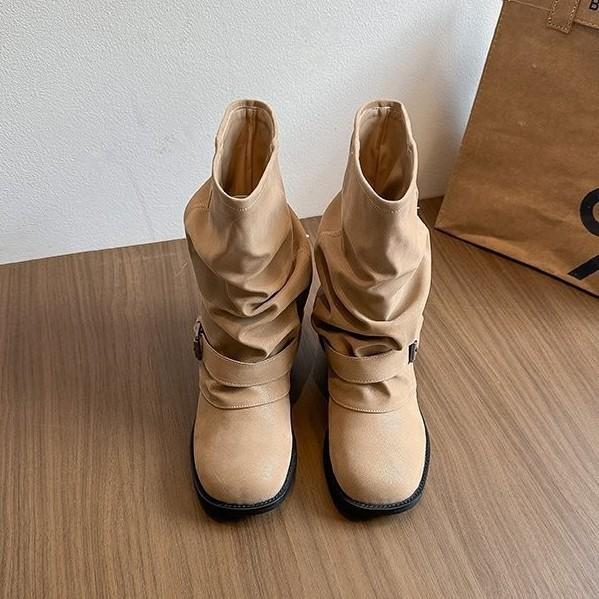 Retro Fashion Pleated Piled Boots Women's 2025 Autumn New Versatile Platform Trouser Boots Martin Boots Western Cowboy Boots