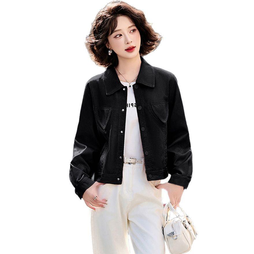 Spring and Autumn New Fashion Lapel Soft Leather Top Jacket Women's Versatile Skinny Casual Jacket Women's Trend