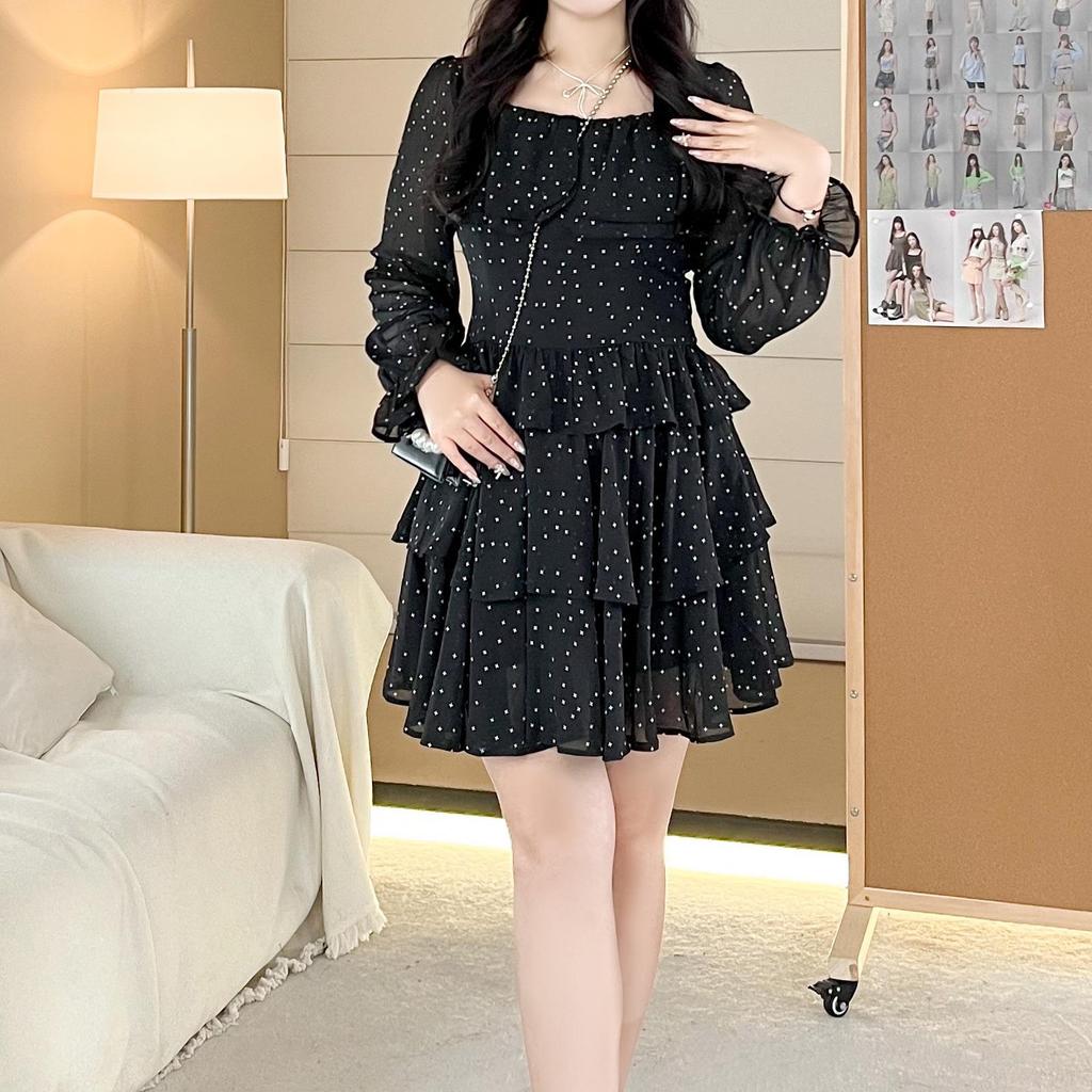 Tupfen Chiffon Zweiteiler: Langarmshirt & Kuchenrock für Übergrößen