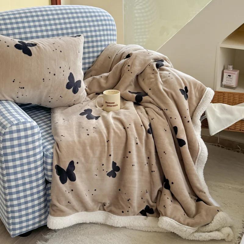Cute Printed Milk Coral Fleece Cozy Blankets Warm Office Nap Sofa Air Conditioning Blanket Soft Shawl Quilt for Dormitory Home
