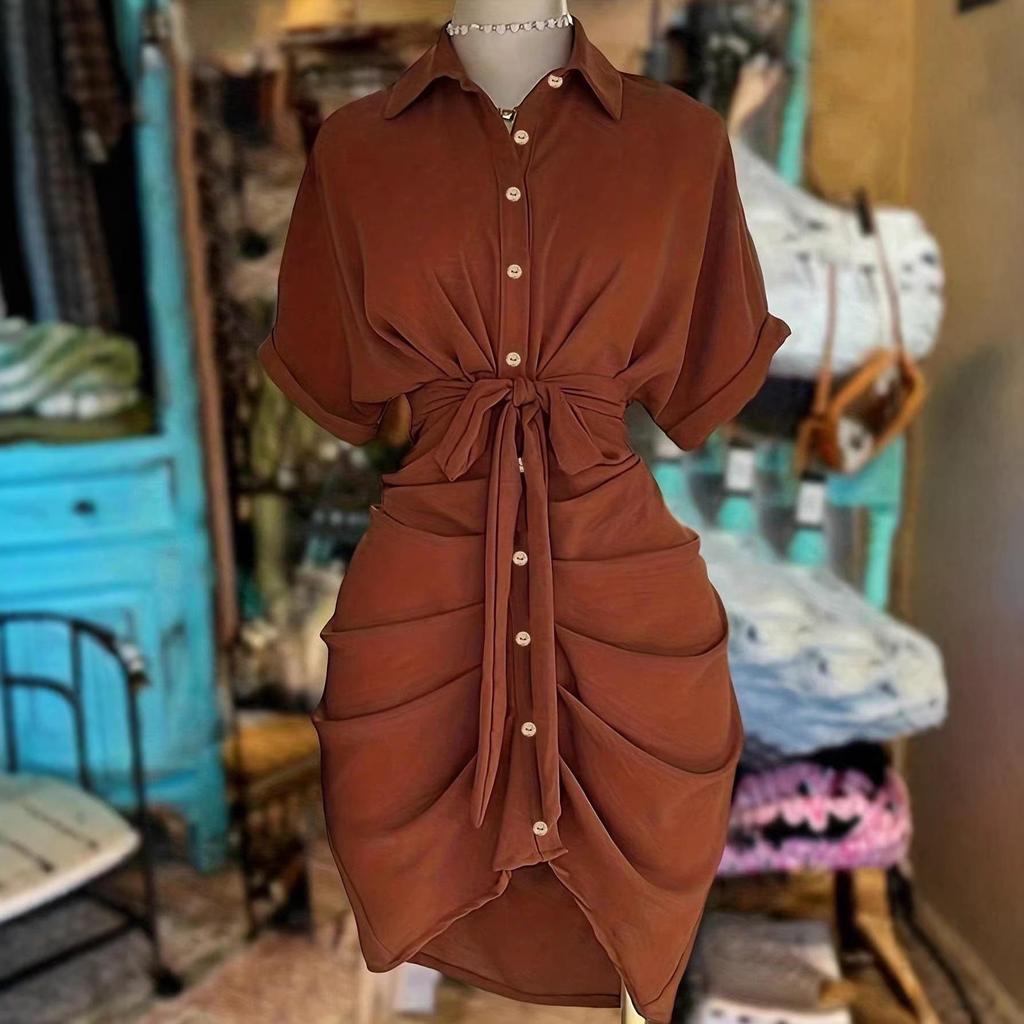 Elegant European & American Style Lace-up Shirt Dress with Adjustable Lapel and Waist-cinching Design - Fashionable Women's Attire for 2026.