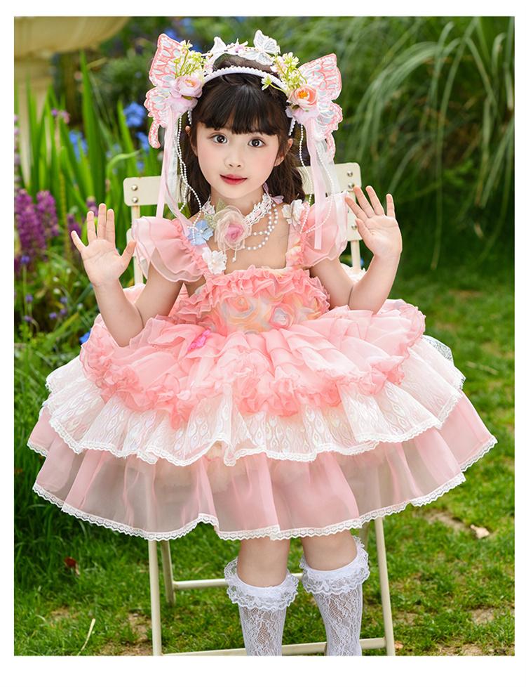 Girl Lolita Princess Dress Summer Lace Children's Super Fairy Flower Fairy Pink Dress Puff Skirt Dress