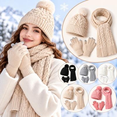 3Pcs/Set Knitted Winter Hat Scarf Gloves Set Warm Touchscreen Gloves Scarf Neck Warmer Suit Unisex