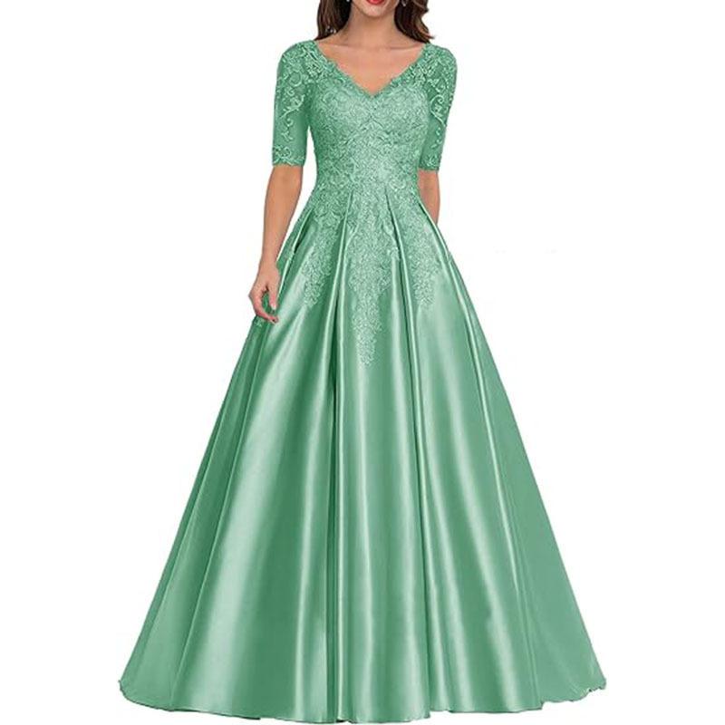 New evening dress lace V-neck short-sleeved long dress temperament party host new dress