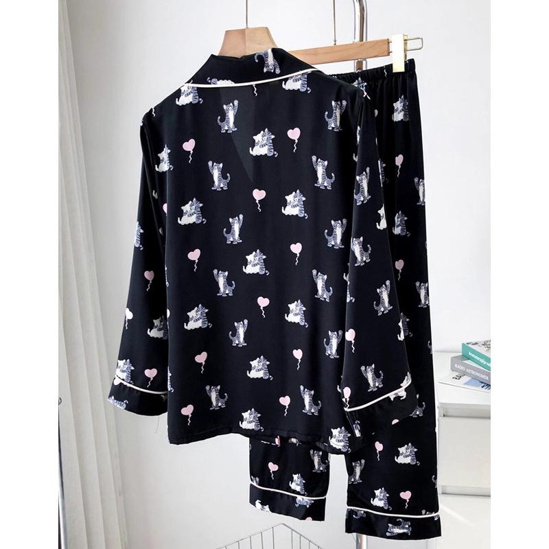 Ice Silk Pajamas Women'S High-End Cartoon Cat Long-Sleeved Loungewear Fashion Suit