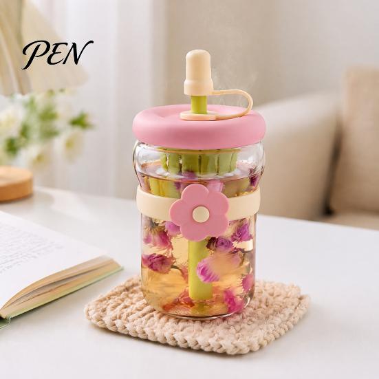 Glass Infuser Bottle for Green Tea Lovers Straw Cup, with Detachable Filter, Macaron Color Flower Cute Floral Women Decor, Portable Heat Resistant