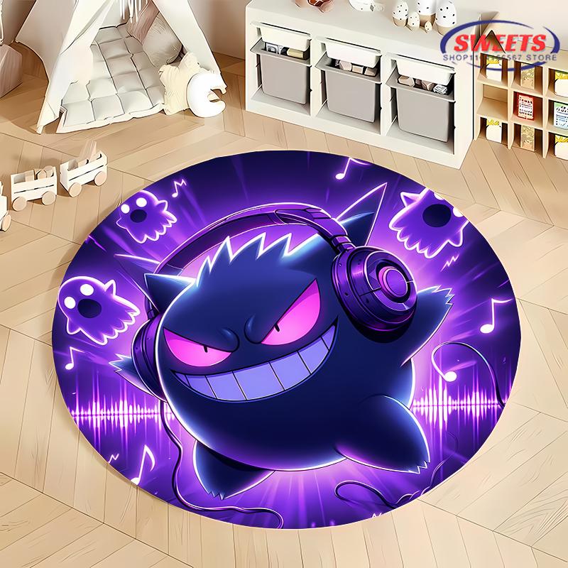 Pokemon Gengar Druck Runder Teppich, Kinderzimmer Bodenmatte Rutschfest Wohnzimmerteppich, Waschbarer Teppich für Heimdeko Geschenk Potdemiel