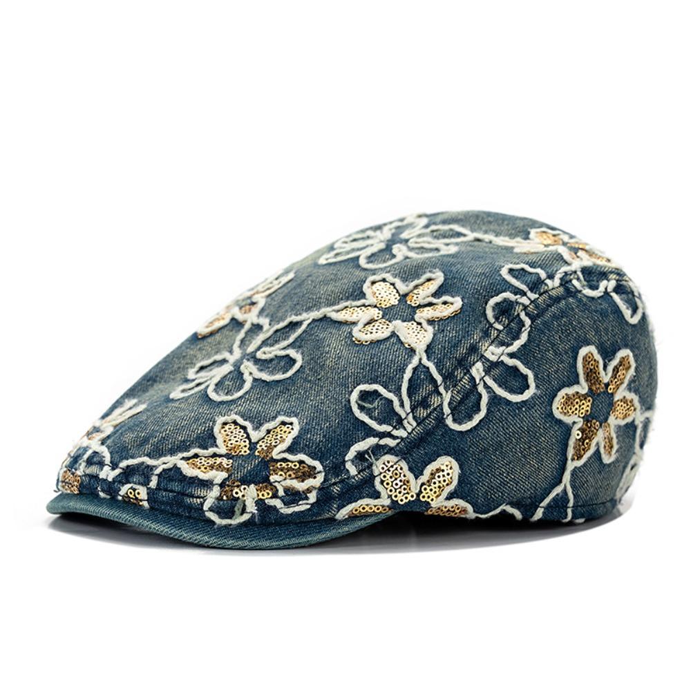 Ethnic Style Embroidery Flower Forward Hat Y2k Glitter Beret Casual Cadet Cap  Outdoor