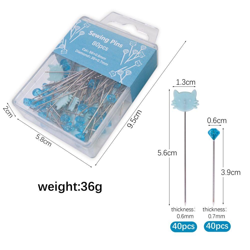 80pcs DIY Crafts Sewing Pin Holder Multi-Color Dressmaker Quilting Cat-Shaped Diamond Head Pins with Positioning Pins