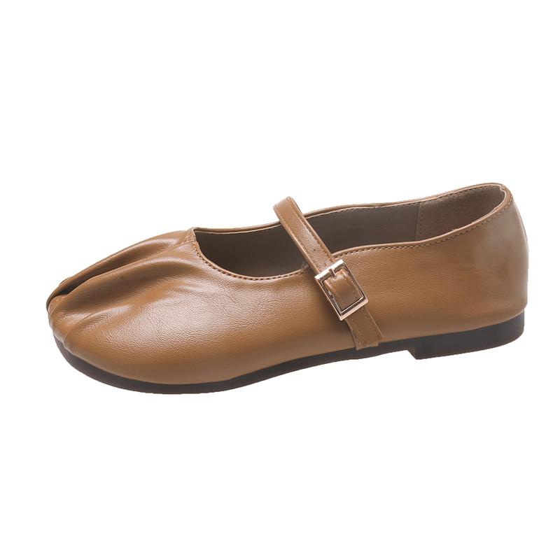 Spring New Flat Shoes for Women Round Head Shallow Mouth Fold Metal Buckle Line with Soft Sole Non-slip Single Shoes
