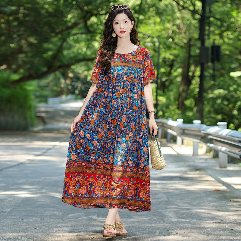 New Bohemian ethnic style short-sleeved summer cotton and silk dress loose fashion large size artificial cotton long skirt