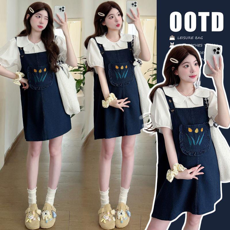 

2026 Summer Sweet Dopamine Embroidery Denim Dress with Petal Collar Shirt L