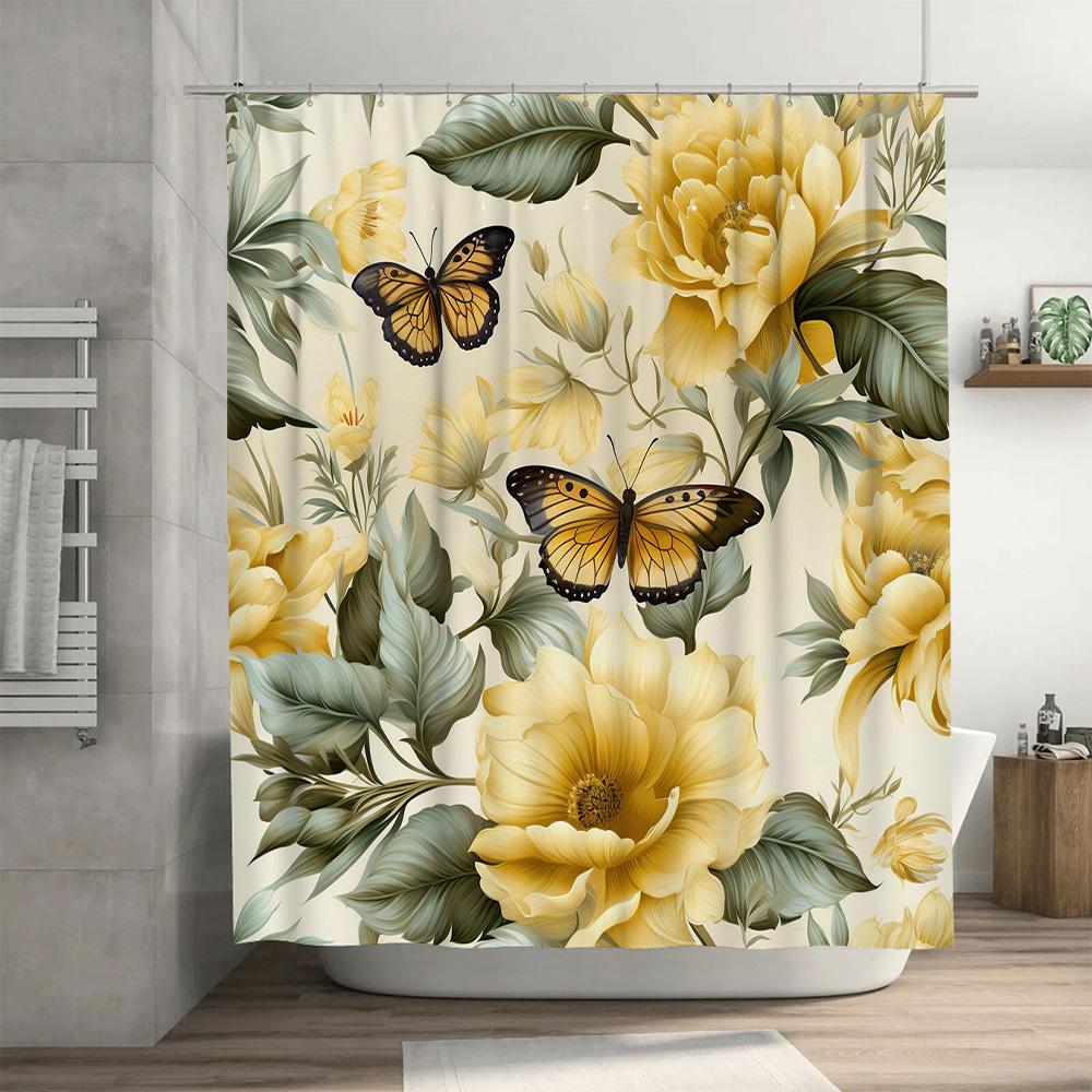 Floral Butterfly Waterproof Shower Curtain Home Decor Bathroom Decoration Printing Flowers Bath Mat Black Yellow Green Leaves Ba