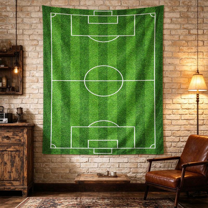 Soccer Pitch: A top-down green striped football pitch with crisp white penalty and center markings, clean stadium turf art, rich, Tapestry