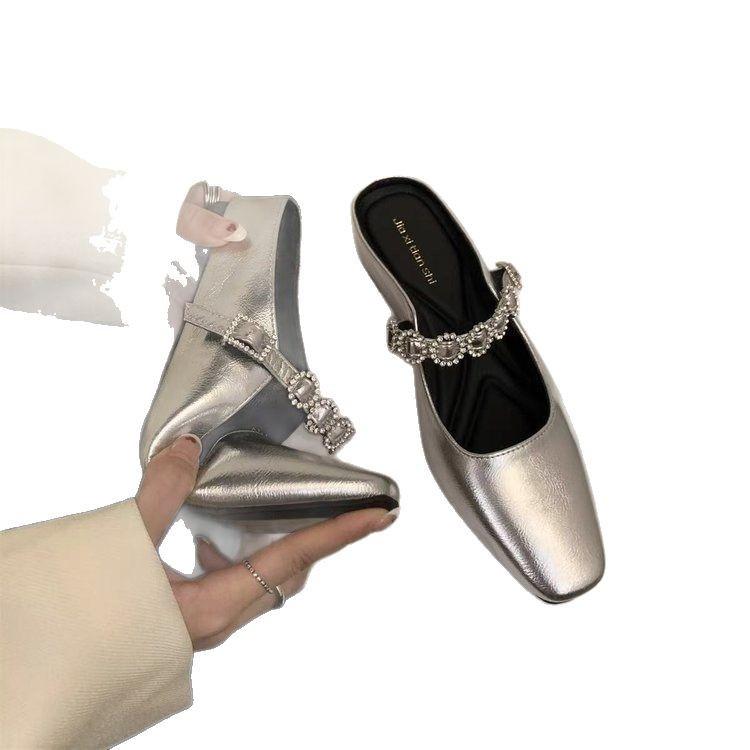 Temperament 2025 Wind Bag Head Drag Word French Rhinestone Height Increase In Spring and Autumn Shallow Mouth Mary Jane Shoes Square Head Fairy