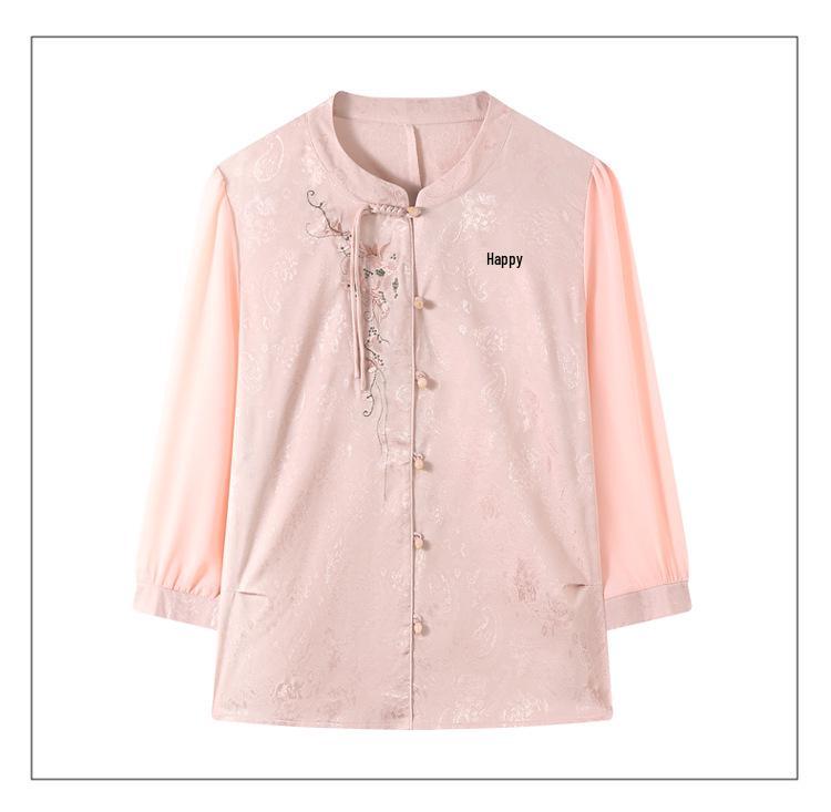 Stylish Spring & Autumn Seven-Sleeve Embroidered Top for Middle-Aged and Elderly Women - New Chinese National Style Shirt