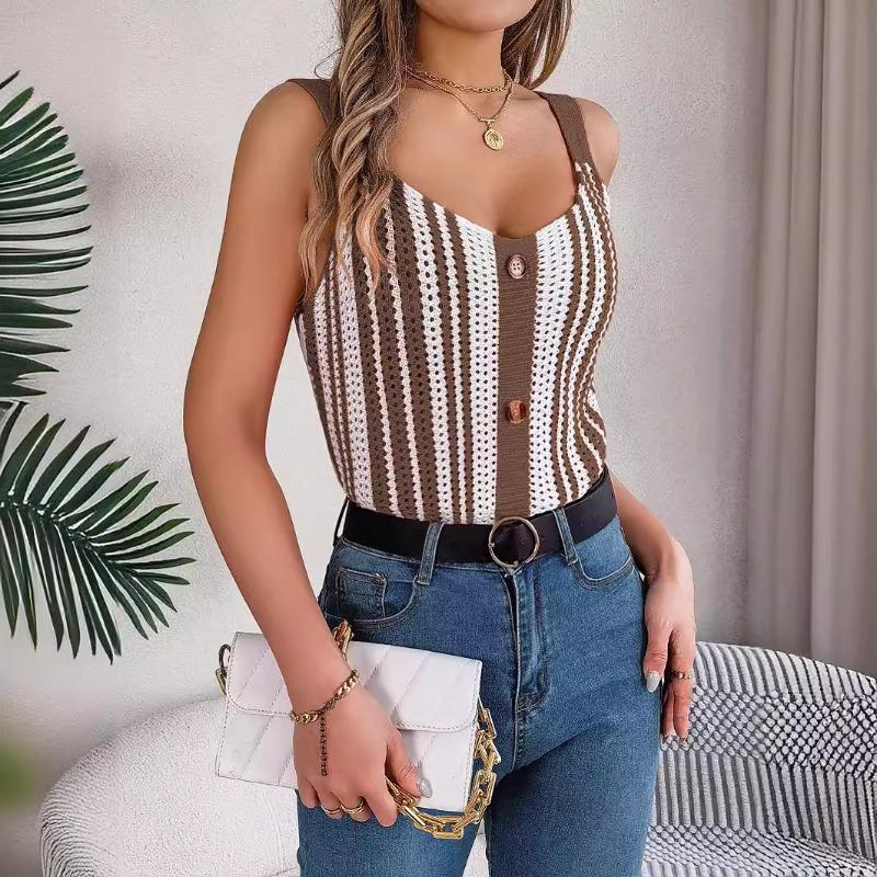 Spring and Summer European and American V-neck Button Hollow Knitted Suspender Top Women