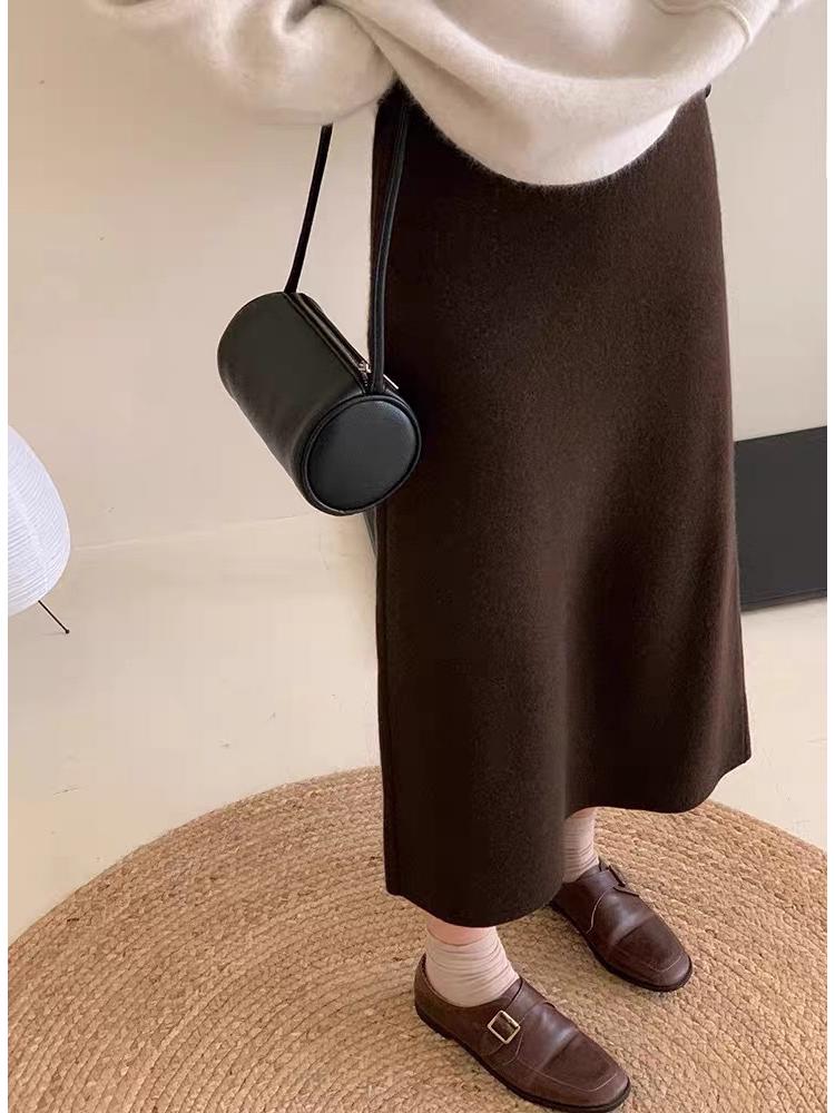 Petite Coffee Wool Midi Skirt for Women - High-Waisted, Slim Fit, Bodycon, A-Line, Raccoon Fur Trim, Perfect for Autumn/Winter