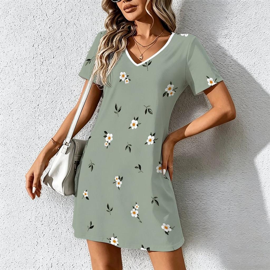 Summer Fashion Women's V Neck  Niche Print Printed  Dress Sex Short Skirt Dresses