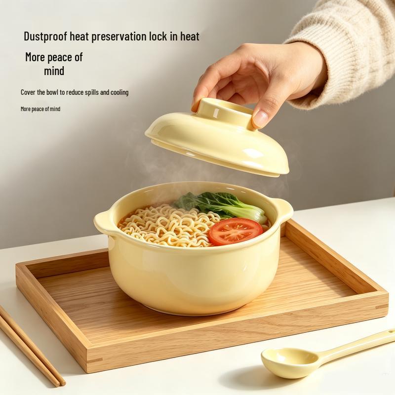 Cuenco de Cerámica Estilo Crema para Fideos Instantáneos y Sopa con Tapa y Asa