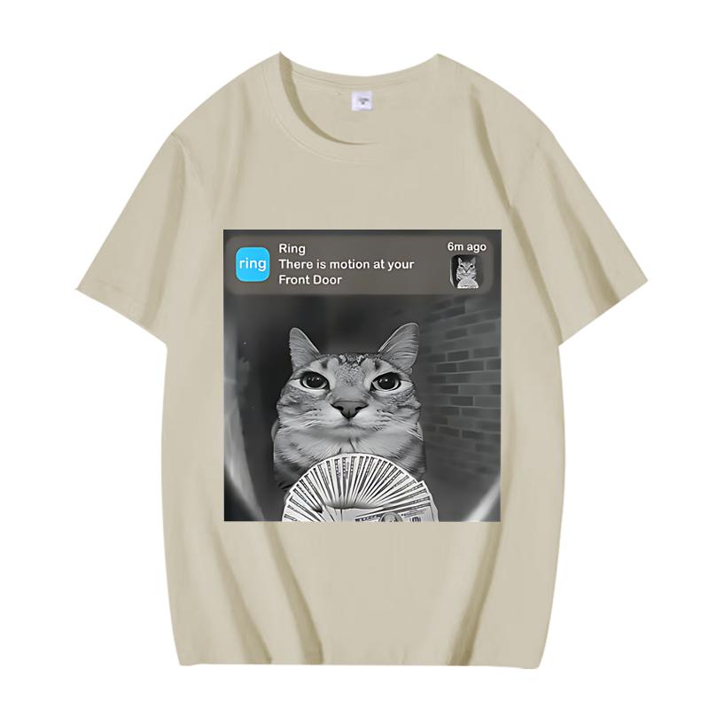 

There Is Motion At Your Front Door Funny Silly Cat Meme T Shirt Women Short Sleeve Summer Unisex Tops 4XL