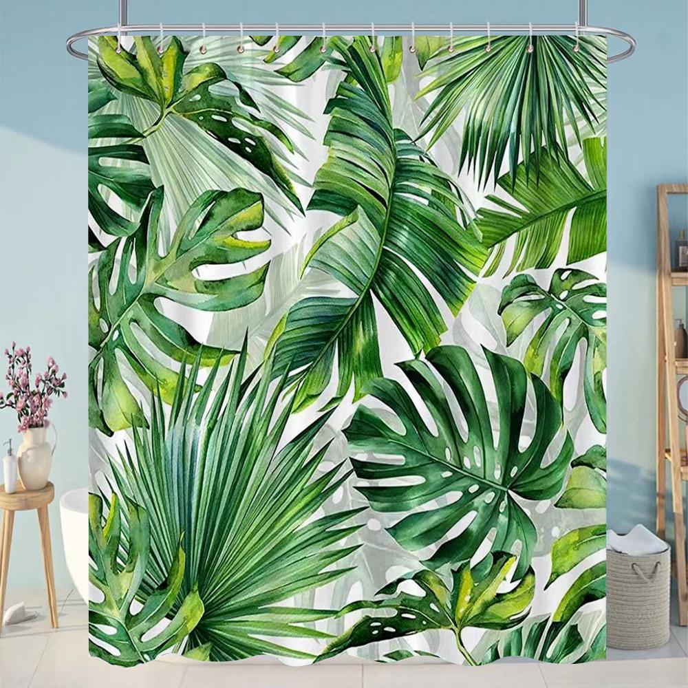 Tropical Green Leaves Plant On White Background Odorless Shower Curtains for Bathroom Showers and Bathtubs Decor with Hooks