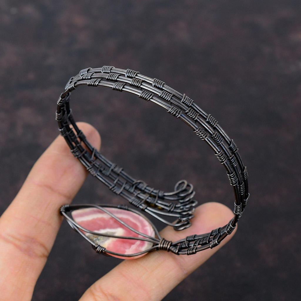 Rhodochrosite Copper Bangle Wire Wrapped Cuff Bracelet Adjustable Bangle Handmade Jewelry Gemstone Bangle Copper Wire Wrap Jewelry For Gift