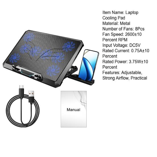 Laptop Cooling Pad with 8 Cooling Fans Height Adjustable Strong Airflow Low Noise USB Powered Laptop Cooler Stand Notebook Cooler