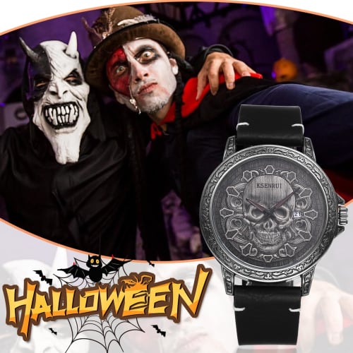 Men's Punk Skull Watch with Genuine Leather Strap: Skeleton Skull Antique Leather Watch with Waterproof Analog Quartz Movement, Gothic Accessory - Per