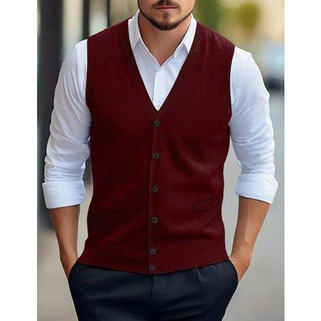 Men's Casual Vest Solid Color Sleeveless Four Seasons Wool Knitted Cardigan Men's Vest