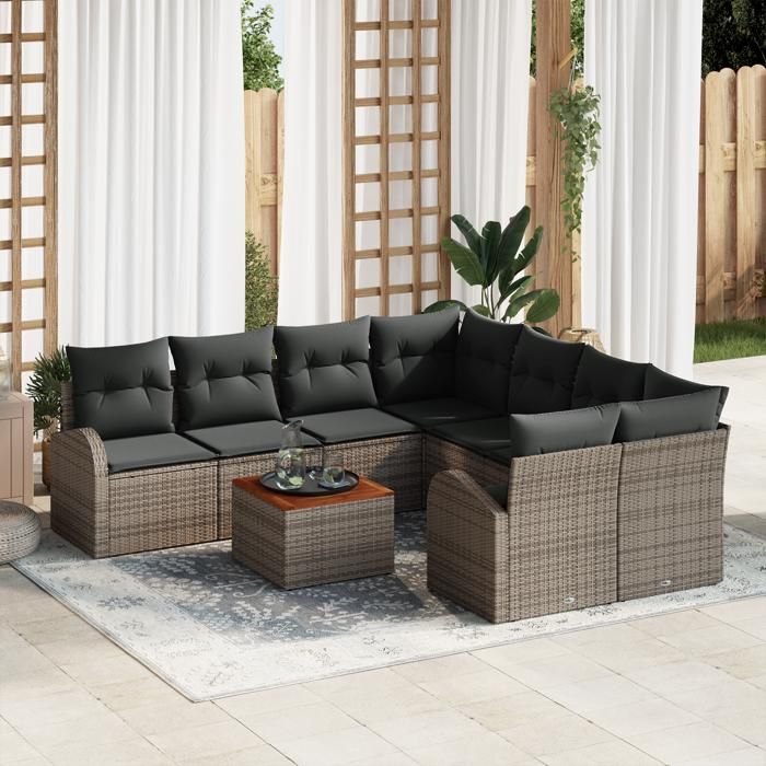 Ensemble de canapé de jardin 9 pièces avec coussins Gris Poly Rotin Acacia, Canapé de jardin 2 places avec rangement 3356228