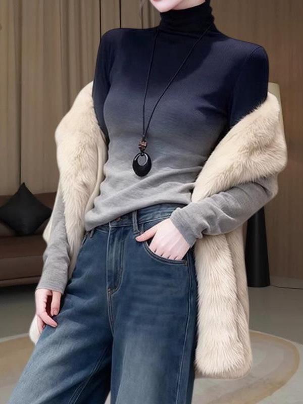 Gradient Cropped High Neck Slim Fit Top - 2025 Autumn/Winter Korean Style Women's Fashion