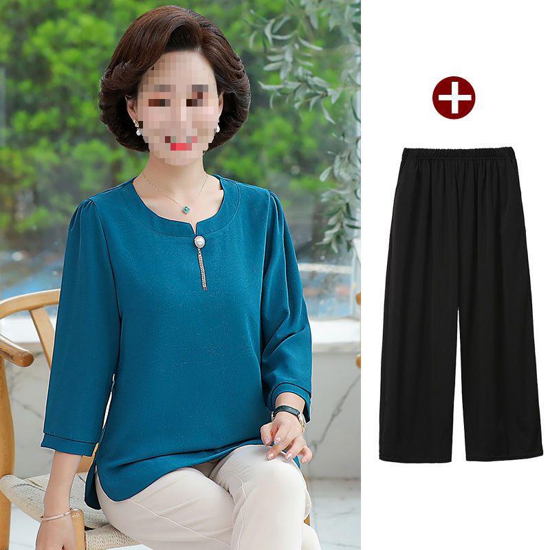 Stylish Spring Two-Piece Set for Middle-Aged Women - Loose Short-Sleeved Top & Bottom