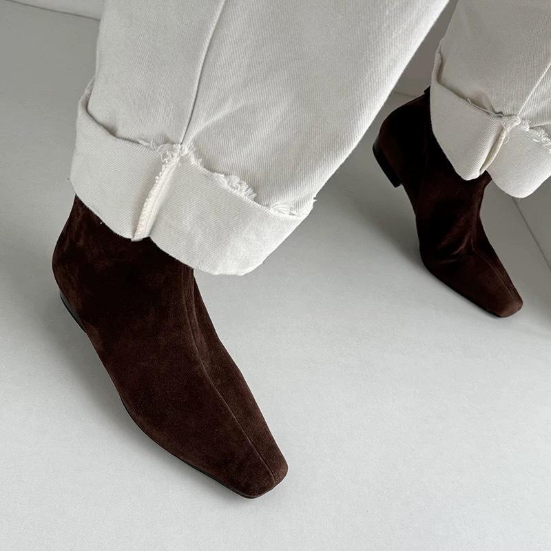 

Французский простой стиль квадратный носок маленькие ботильоны на плоской подошве тонкие ботинки задняя молния короткие ботинки женские осень и зима новые универсальные ботинки Мартин 40 коричневый