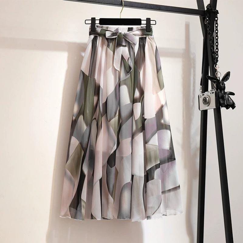 Bohemian Chiffon Half-length Dress for Spring and Summer Mid Length High Waist Fairy Floral Large Swing Skirt Beach Skirt