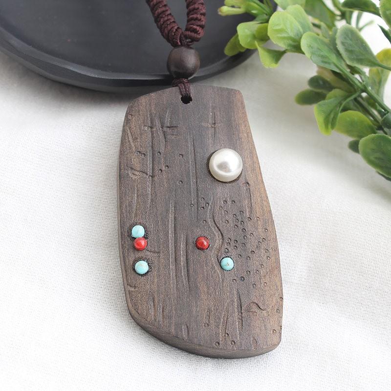 Handmade Wooden Pendant Necklace Ethnic Boho Style Long Chain Leaf Design Natural Women