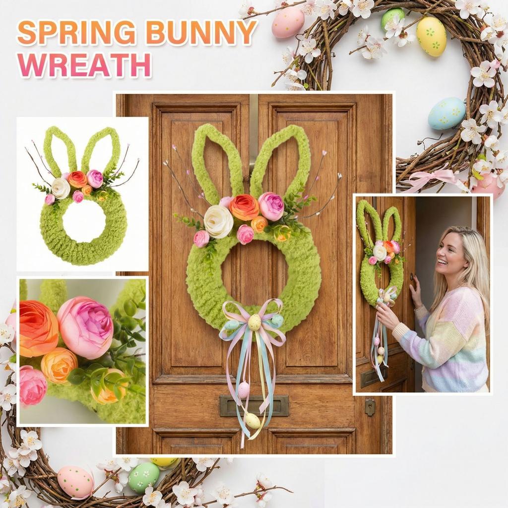 Spring Easter Wreath, Artificial Flower Bunny Head Shaped Wreath, Home Decoration, Front Door Wall Decoration