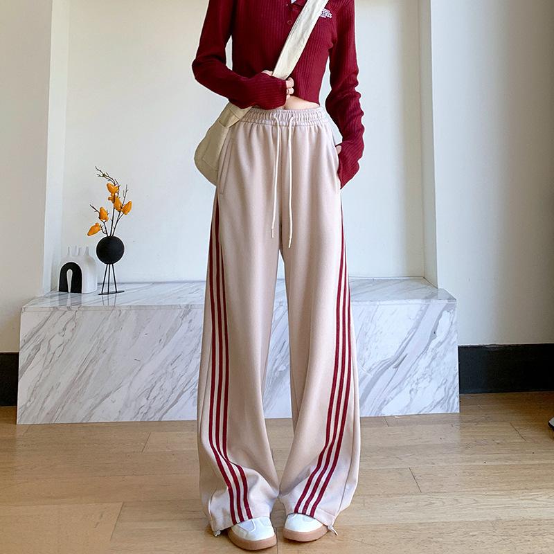 Apricot Retro Three-bar Sweatpants Women's Spring and Autumn New High-waisted Straight Wide-leg Casual Loose Sweatpants